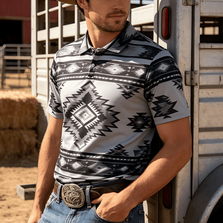Men's Geometric Print Short Sleeve Casual Polo Shirt - Dark Grey - 3XL - image 8