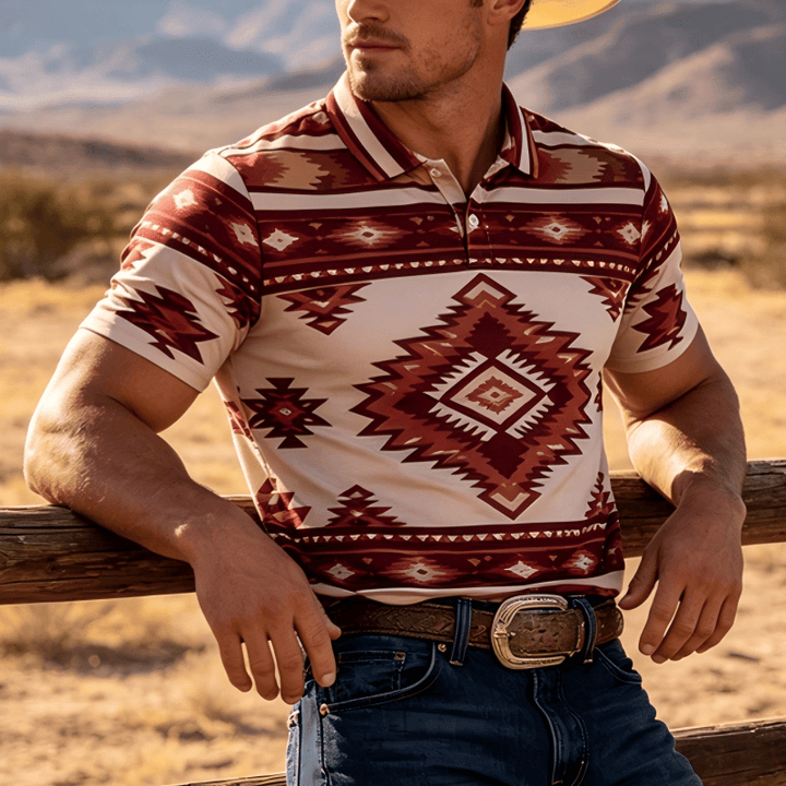 Men's Geometric Print Short Sleeve Casual Polo Shirt - Red - 5XL - image 0
