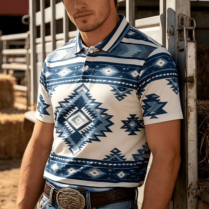 Men's Geometric Print Short Sleeve Casual Polo Shirt - Blue - 5XL - image 6
