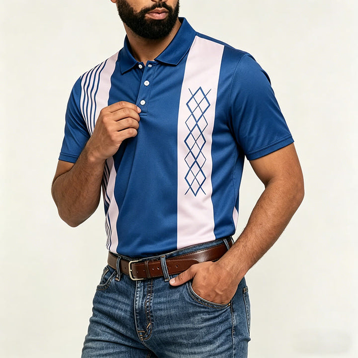 Men's Vintage Striped Argyle Pattern Casual Polo Shirt - image 3
