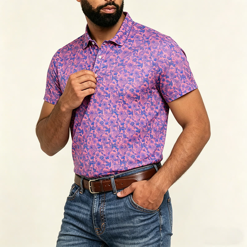 Men's Pink Blue Floral Print Short Sleeve Polo Shirt - image 3