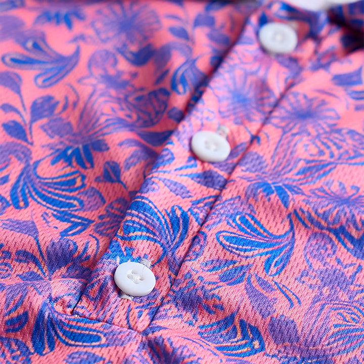 Men's Pink Blue Floral Print Short Sleeve Polo Shirt - image 7