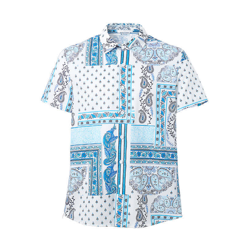 Men's Vintage Blue & White Patchwork Paisley Print Shirt - image 8