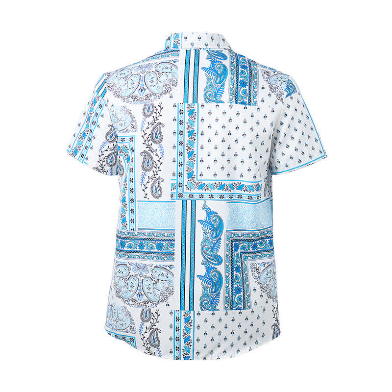 Men's Vintage Blue & White Patchwork Paisley Print Shirt - image 9
