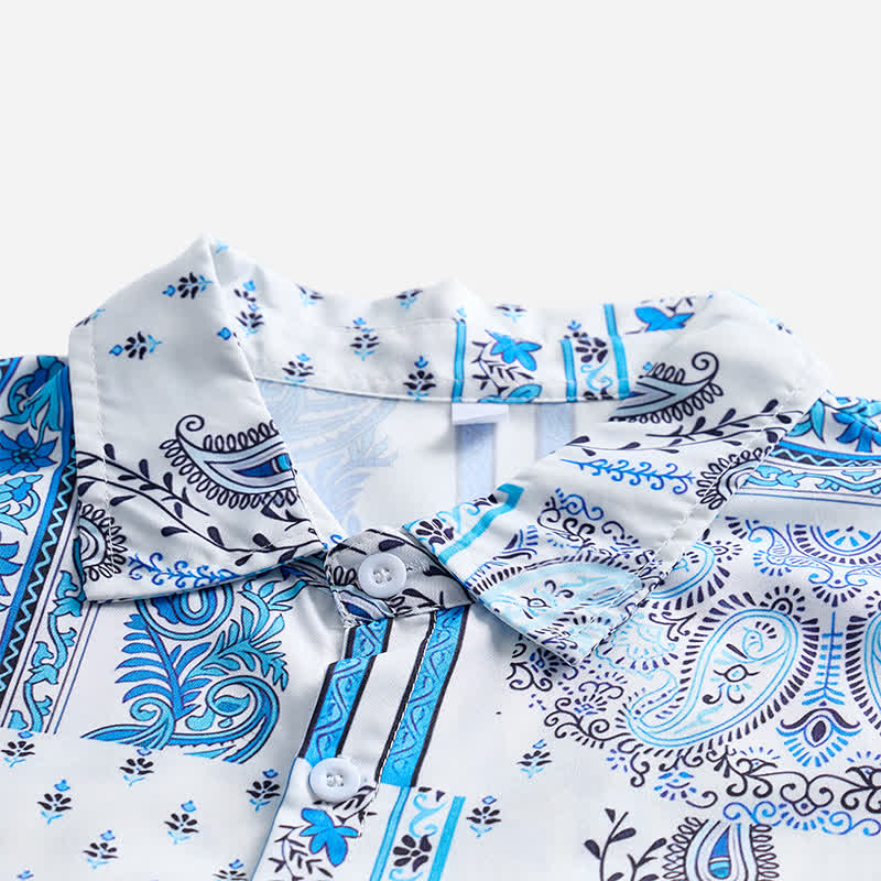 Men's Vintage Blue & White Patchwork Paisley Print Shirt - image 4