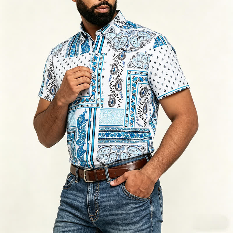 Men's Vintage Blue & White Patchwork Paisley Print Shirt - image 3