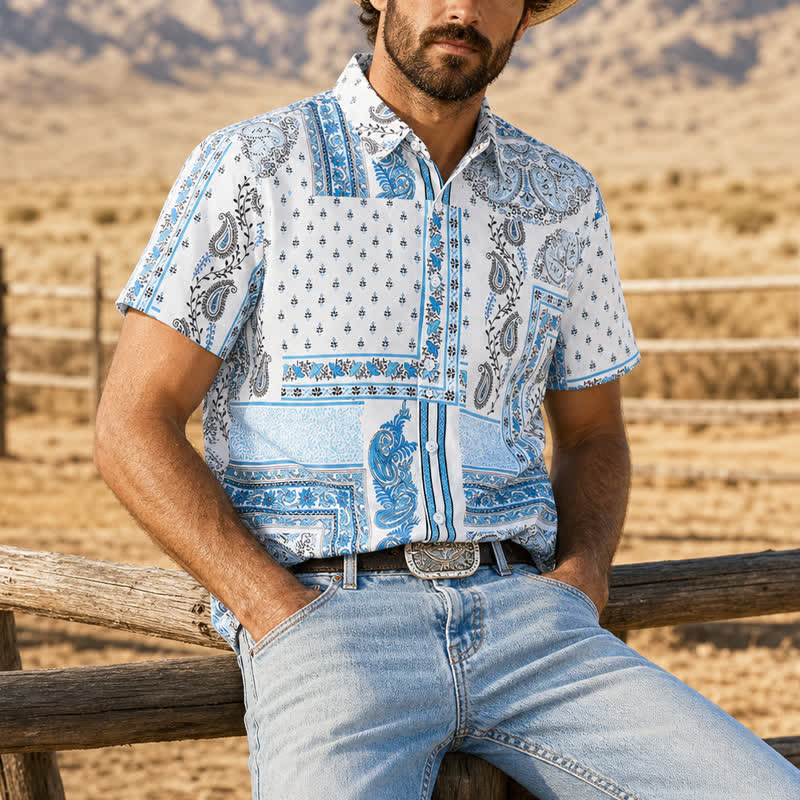 Men's Vintage Blue & White Patchwork Paisley Print Shirt - Blue & White - 5XL - image 0