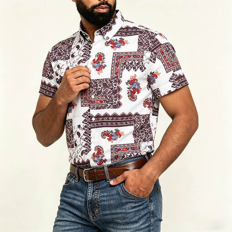 Men's Deep Brown & White Tribal Border Paisley Print Shirt - image 3