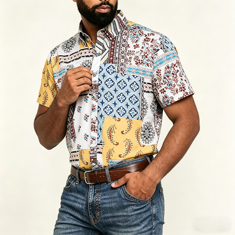 Men's Retro Aztec & Floral Patchwork Paisley Print Shirt - image 3