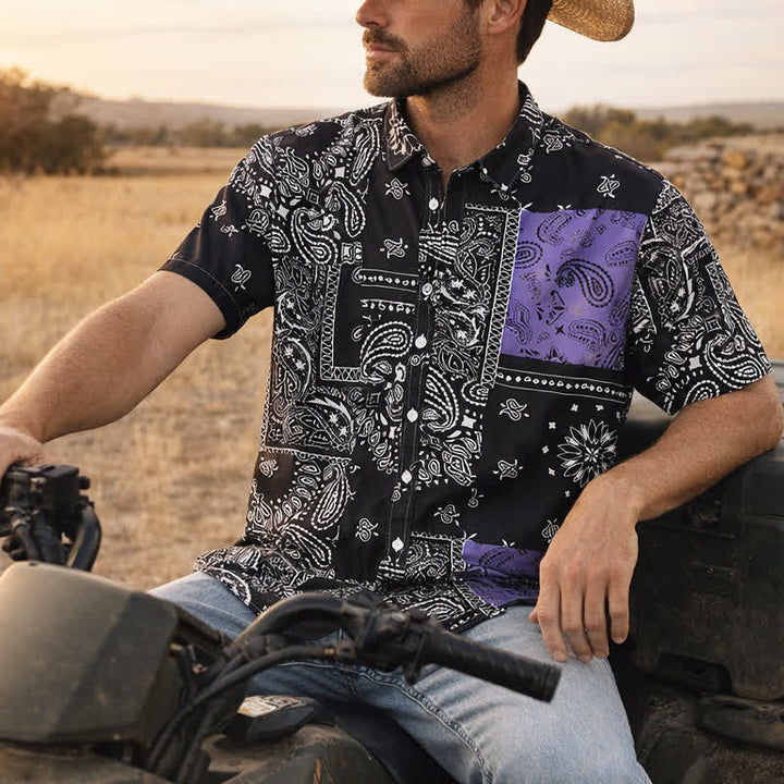 Men's Streetwear Black & Purple Paisley Print Shirt - Black & Purple - 2XL - image 0