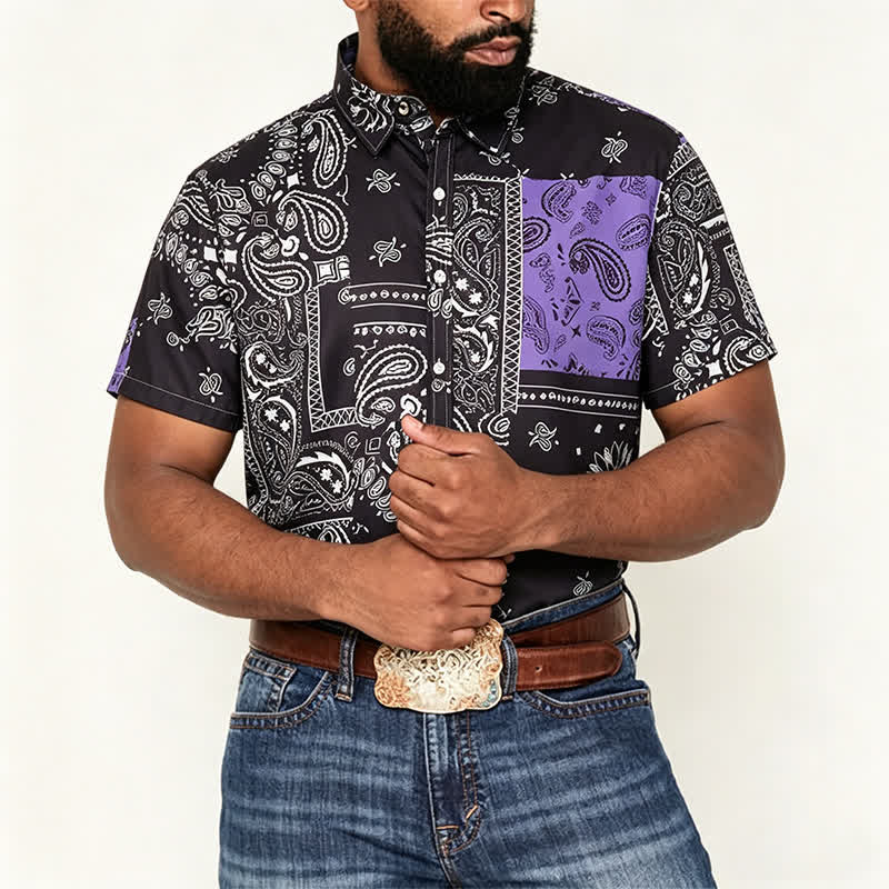 Men's Streetwear Black & Purple Paisley Print Shirt - image 1