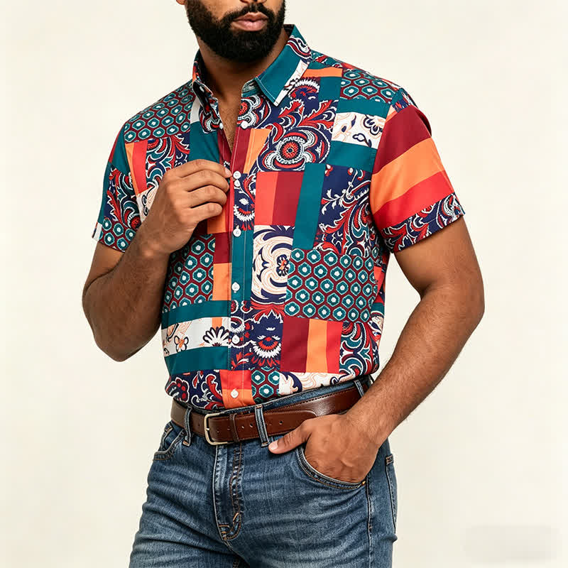 Men's Green & Orange Boho Patchwork Paisley Print Shirt - image 3