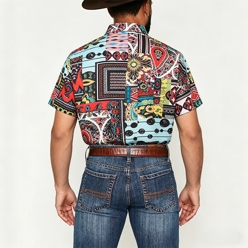 Men's Retro Ethnic Multicolor Geometric Paisley Block Print Shirt - image 2