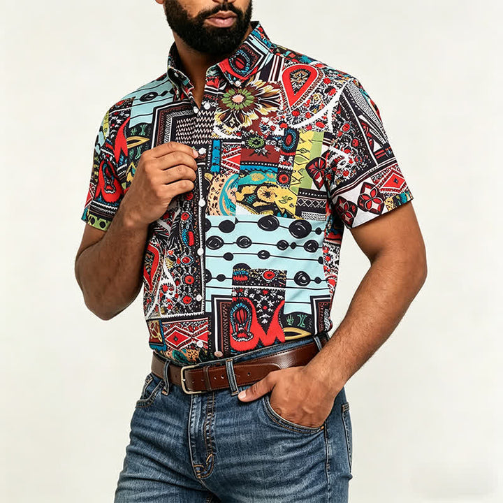Men's Retro Ethnic Multicolor Geometric Paisley Block Print Shirt - image 3