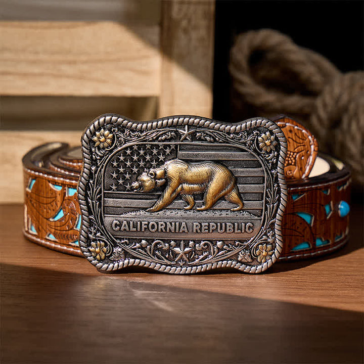 California Republic Bear Western DIY Buckle Leather Belt - Silver - Turquoise Carved Belt - 42 - image 3
