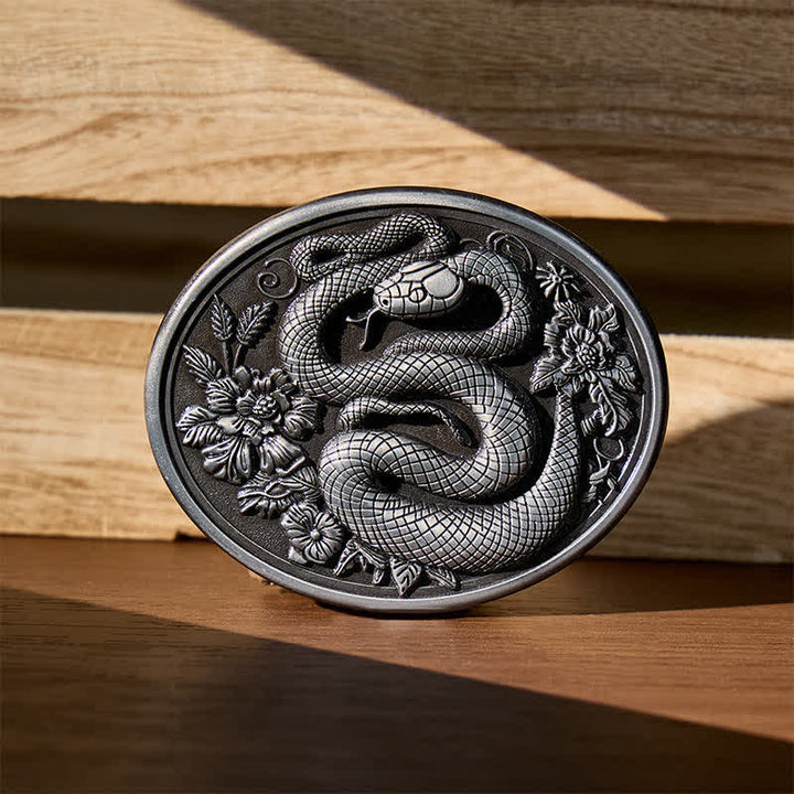 Dark Aesthetic Floral Serpent DIY Buckle Leather Belt - Silver - Without Belt - Not Included Belt - image 0