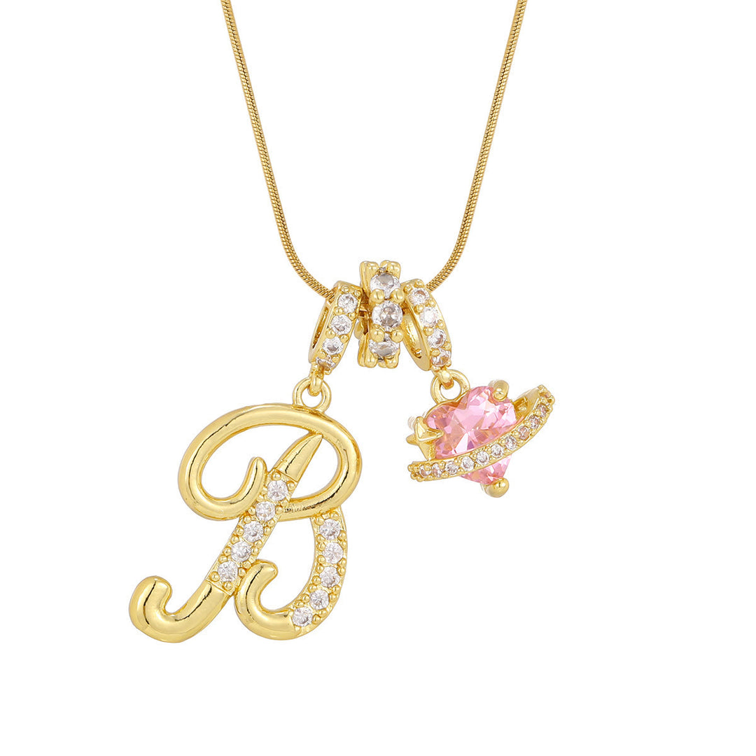 Trendy Dopamine Style Letter Pink Heart Charm Necklace - B - Golden - image 4