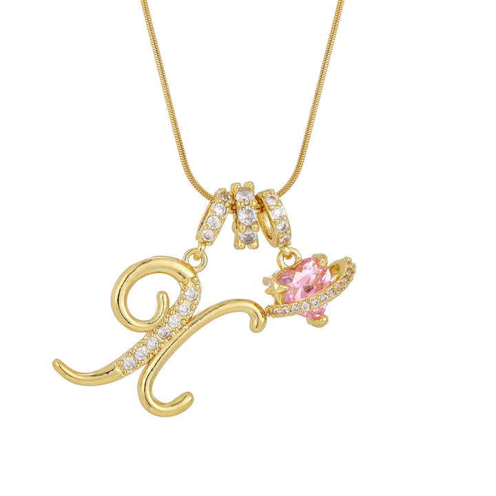 Trendy Dopamine Style Letter Pink Heart Charm Necklace - X - Golden - image 25