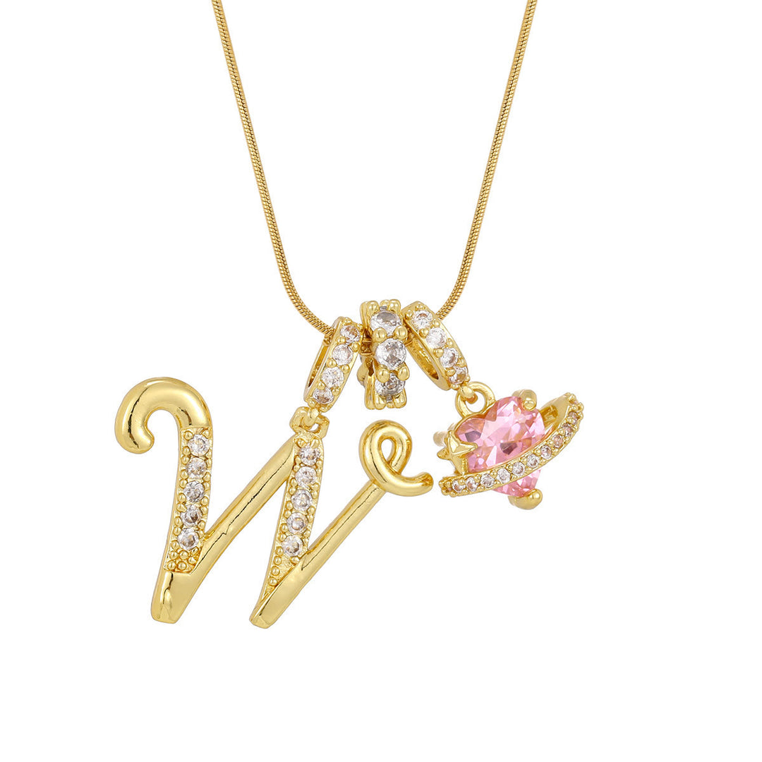Trendy Dopamine Style Letter Pink Heart Charm Necklace - W - Golden - image 24