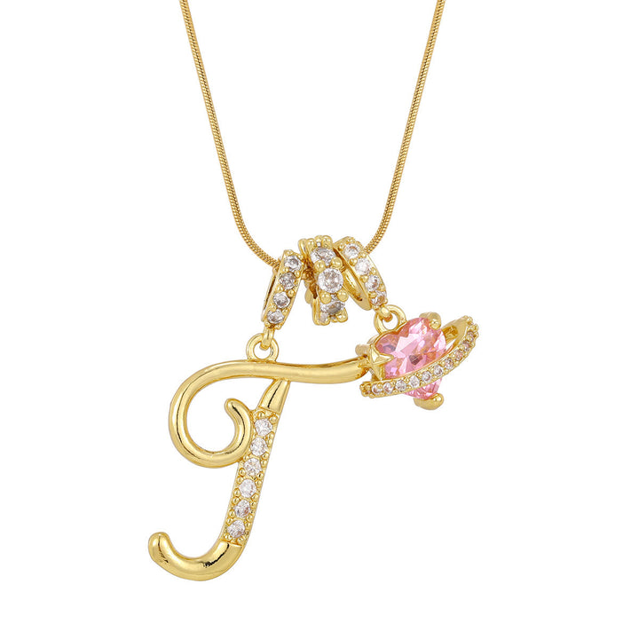 Trendy Dopamine Style Letter Pink Heart Charm Necklace - T - Golden - image 21