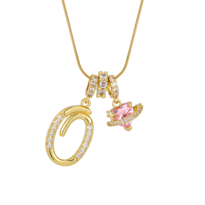 Trendy Dopamine Style Letter Pink Heart Charm Necklace - O - Golden - image 16