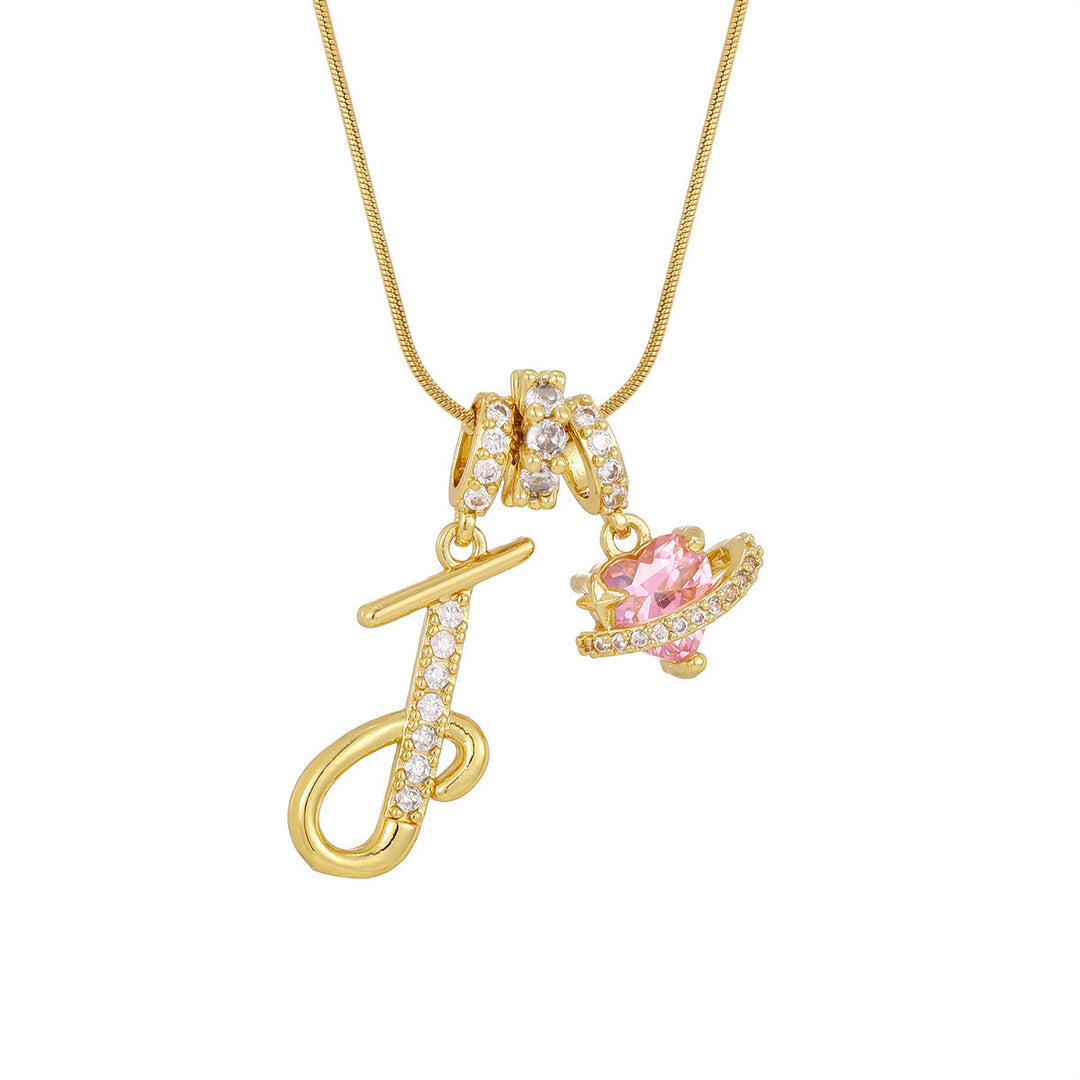 Trendy Dopamine Style Letter Pink Heart Charm Necklace - J - Golden - image 12