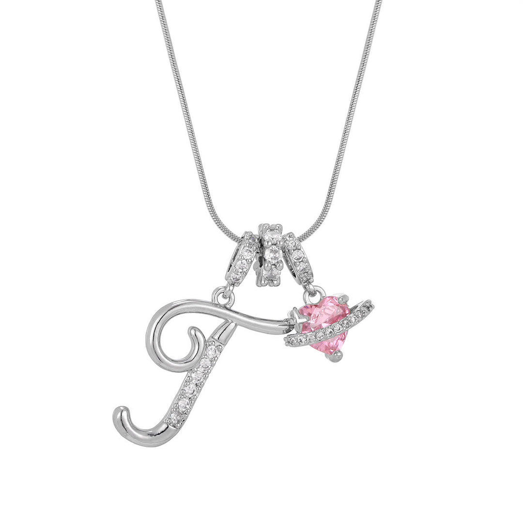 Trendy Dopamine Style Letter Pink Heart Charm Necklace - T - Silver - image 47
