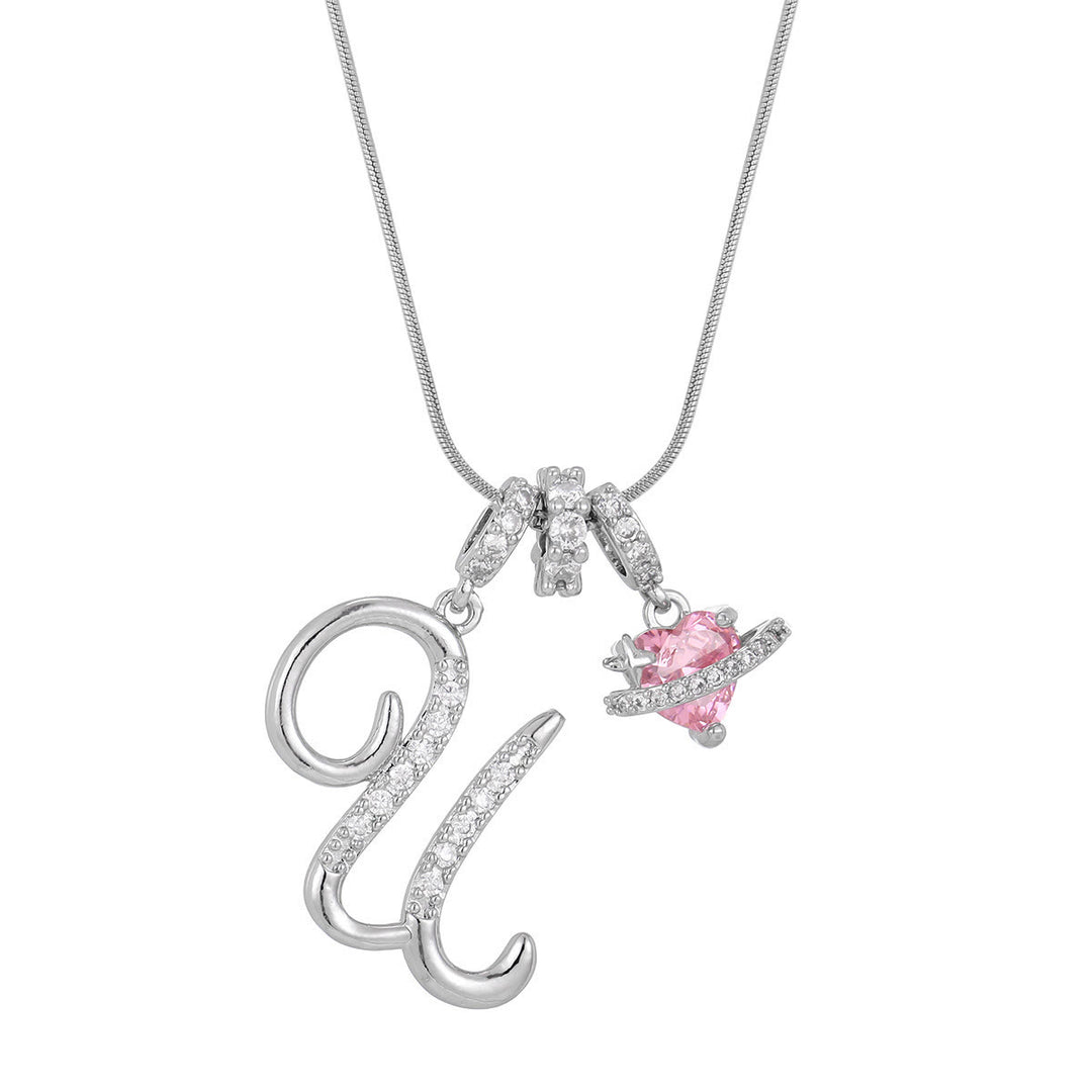 Trendy Dopamine Style Letter Pink Heart Charm Necklace - U - Silver - image 48