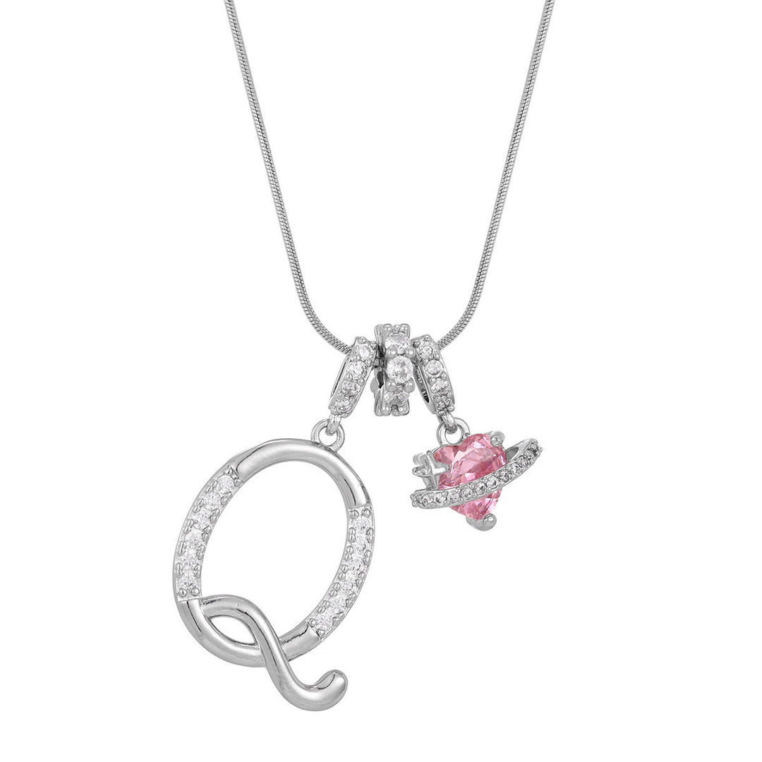 Trendy Dopamine Style Letter Pink Heart Charm Necklace - Q - Silver - image 44