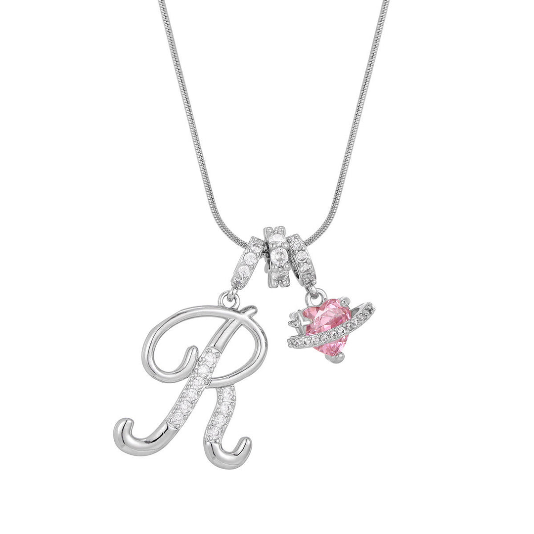 Trendy Dopamine Style Letter Pink Heart Charm Necklace - R - Silver - image 45
