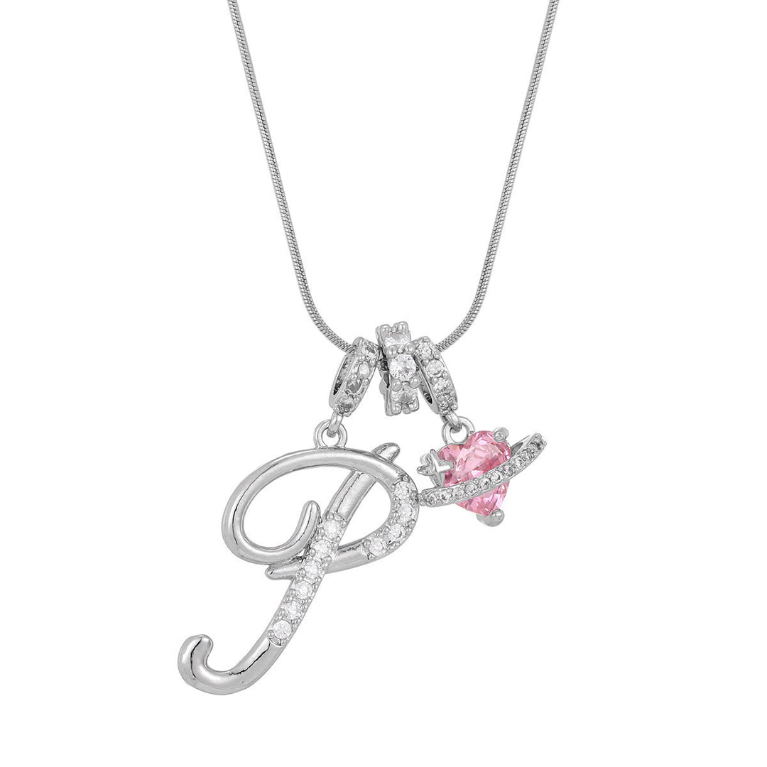 Trendy Dopamine Style Letter Pink Heart Charm Necklace - P - Silver - image 43