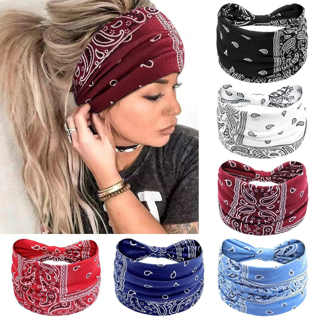 Wide Print Stretch Workout Yoga Sports Sweatband Bandana - 6PCS - image 0