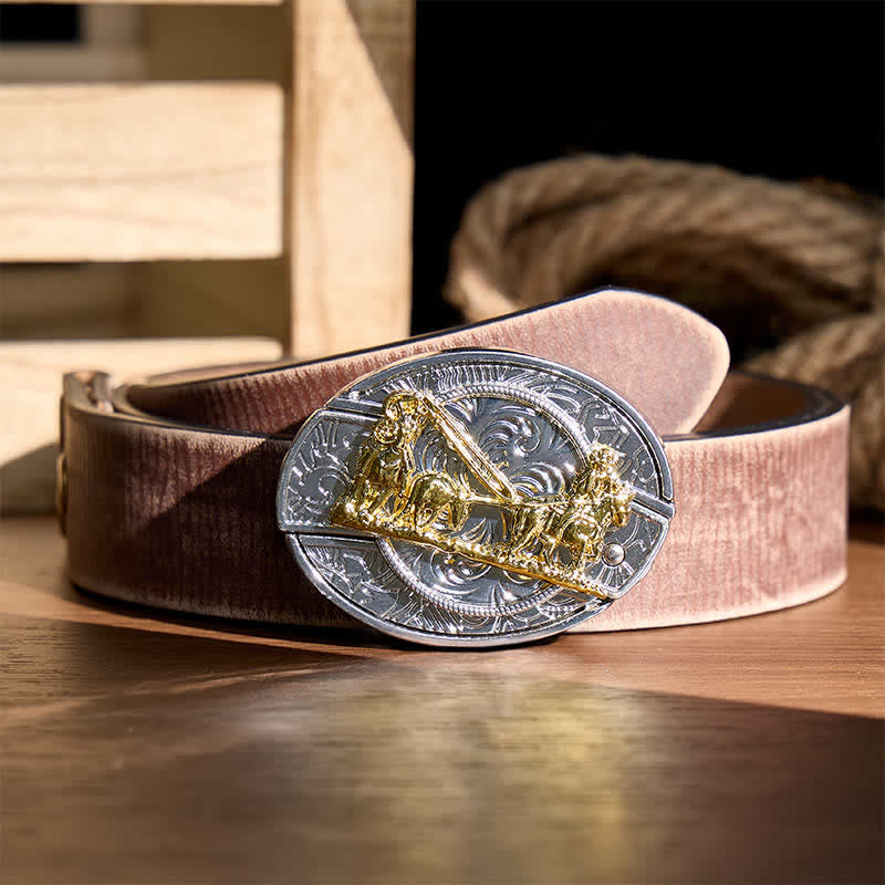 Western Horse Carriage DIY Hidden Folding Knife Gold Buckle Leather Belt - Horse Carriage - Brown Distressed Belt - 42 - image 5