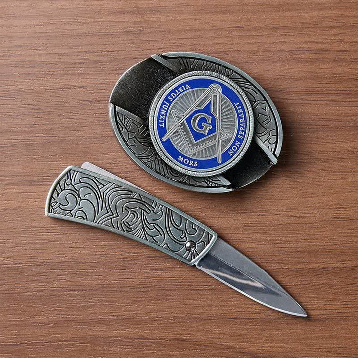 Blue Enamel Freemasonry Symbol DIY Hidden Folding Knife Buckle Leather Belt - image 1