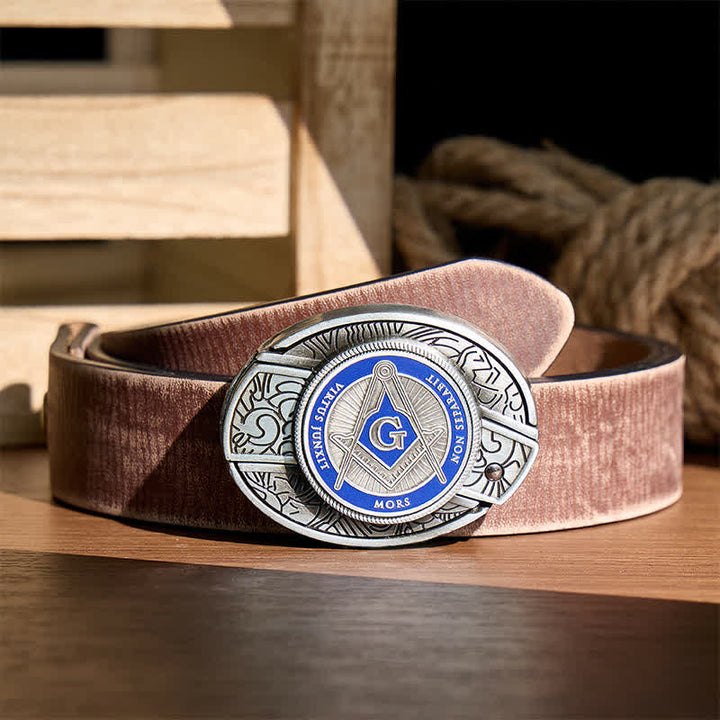 Blue Enamel Freemasonry Symbol DIY Hidden Folding Knife Buckle Leather Belt - Blue - Brown Distressed Belt - 42 - image 5