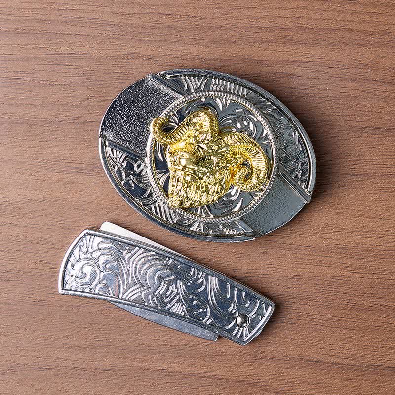 Silver & Gold Ram Skull Head DIY Hidden Folding Knife Buckle Leather Belt - image 10