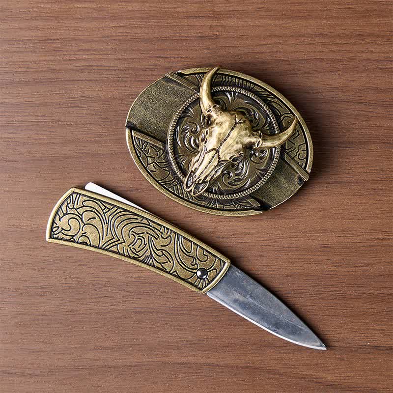 Longhorn Skull DIY Hidden Folding Knife Antique Bronze Buckle Leather Belt - image 1