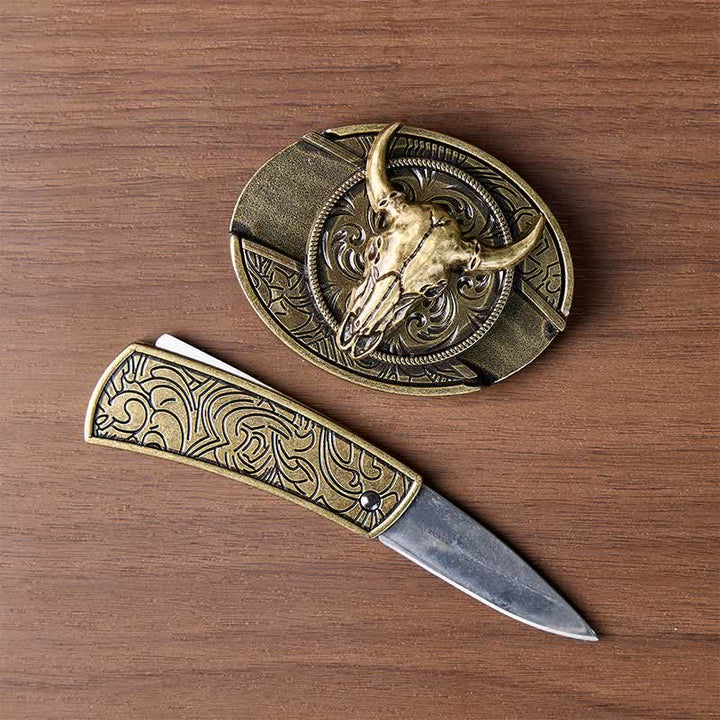 Longhorn Skull DIY Hidden Folding Knife Antique Bronze Buckle Leather Belt - image 1