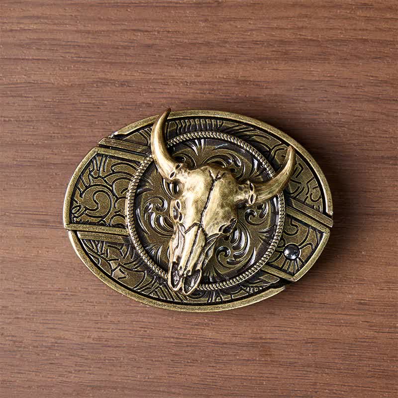 Longhorn Skull DIY Hidden Folding Knife Antique Bronze Buckle Leather Belt - image 10