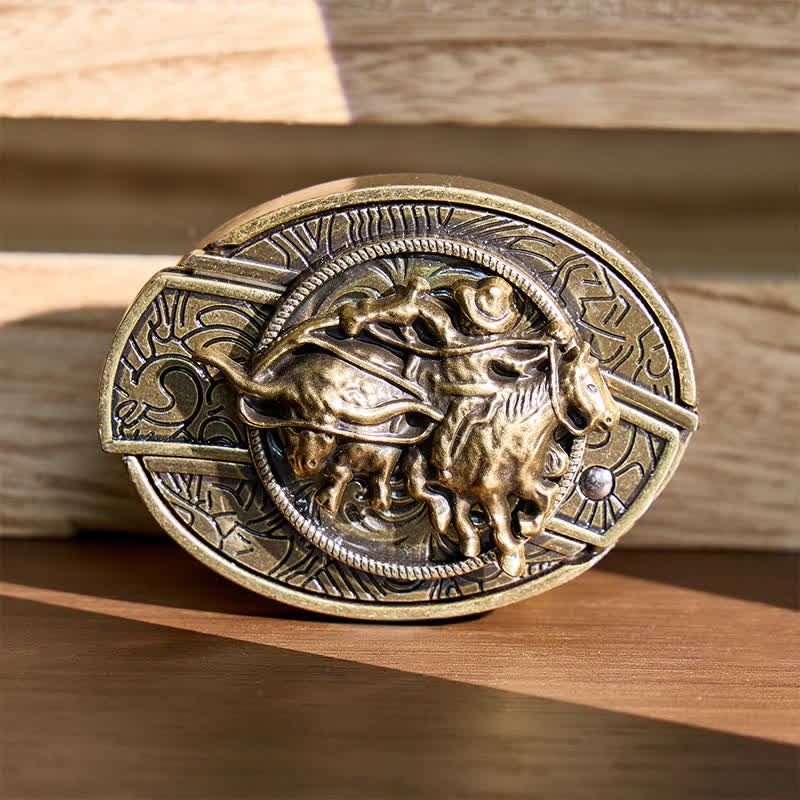 Cowboy Roping Steer DIY Hidden Folding Knife Bronze Buckle Leather Belt - Cowboy Roping Steer - Without Belt - Not Included Belt - image 0