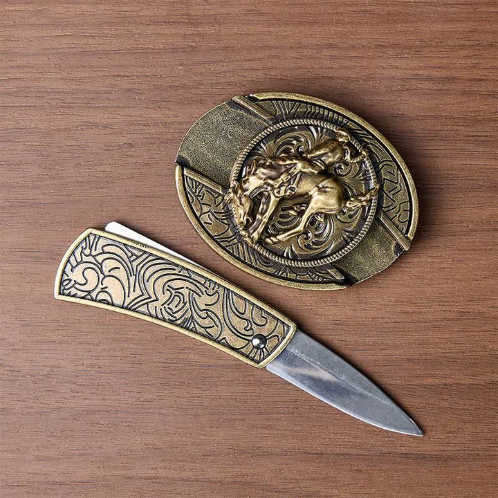 Western Rodeo Bronco Rider DIY Hidden Folding Knife Bronze Buckle Leather Belt - image 1