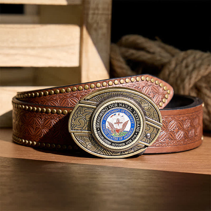 Honoring Our Naval Veterans DIY Hidden Folding Knife Buckle Leather Belt - Honoring Veterans - Brown Rivet Belt - 42 - image 4