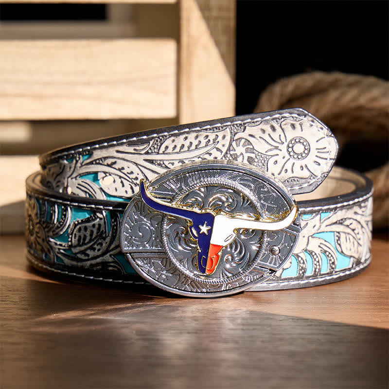 Texas State Flag Longhorn DIY Hidden Folding Knife Buckle Leather Belt - Longhorn & Flag - Gray Floral Belt - 42 - image 8