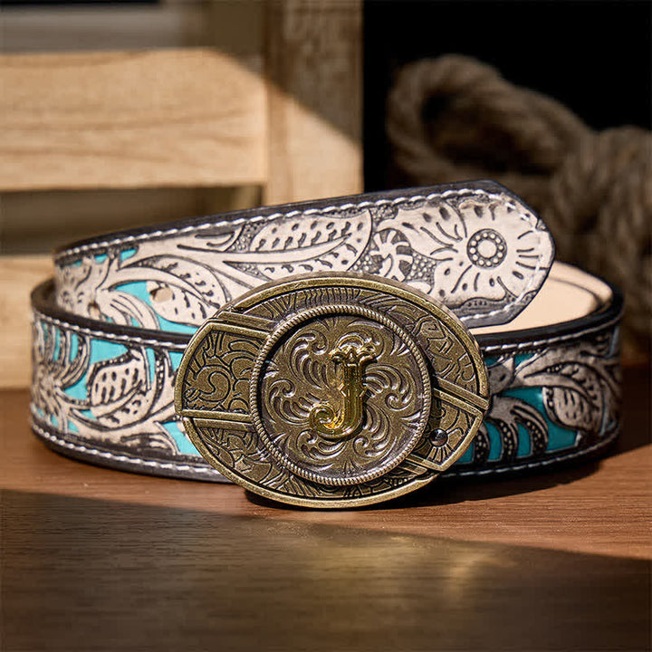 Antique Bronze Initial Letter DIY Hidden Knife Buckle Leather Belt - J - Gray Floral Belt (40) - image 4