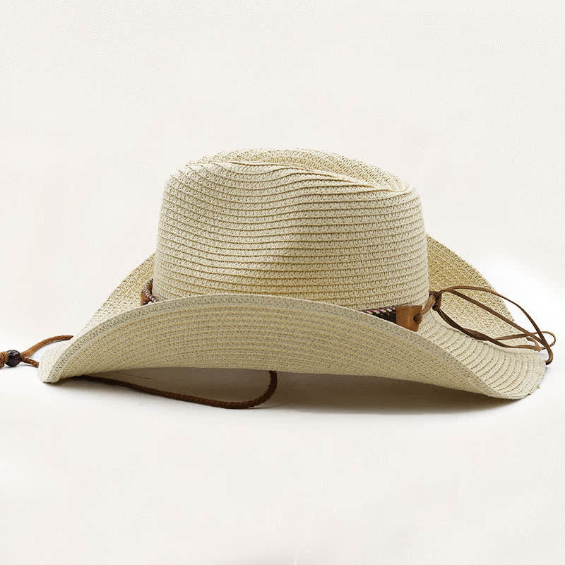 Rustic Tribal Metal Feather Beaded Band Straw Cowboy Hat - image 2