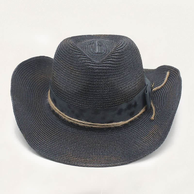 Faded Style Rustic Band Detail Distressed Straw Cowboy Hat - image 1