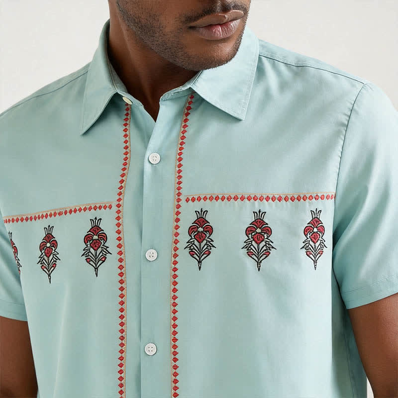 Men's Sage Green Ethnic Pattern Short Sleeve Western Shirt - image 3