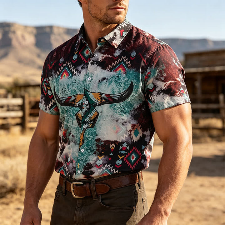 Men's Longhorn Skull Tribal Print Western Shirt - Brown & Green - 5XL - image 0