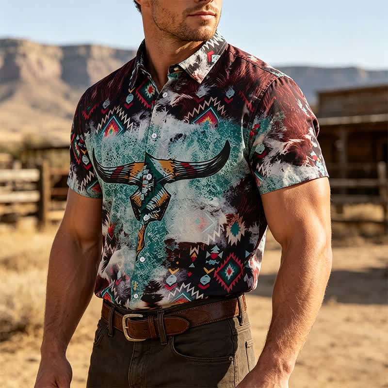 Men's Longhorn Skull Tribal Print Western Shirt - Brown & Green - 5XL - image 0