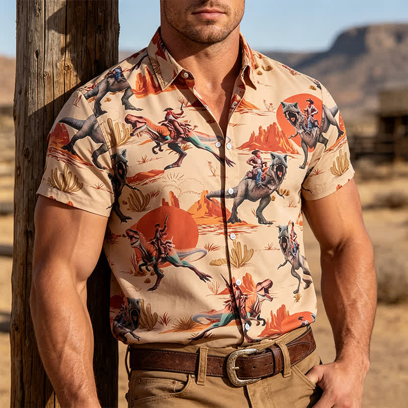 Men's Novelty Wild West Dinosaur Rider Print Shirt - Bisque - 5XL - image 0